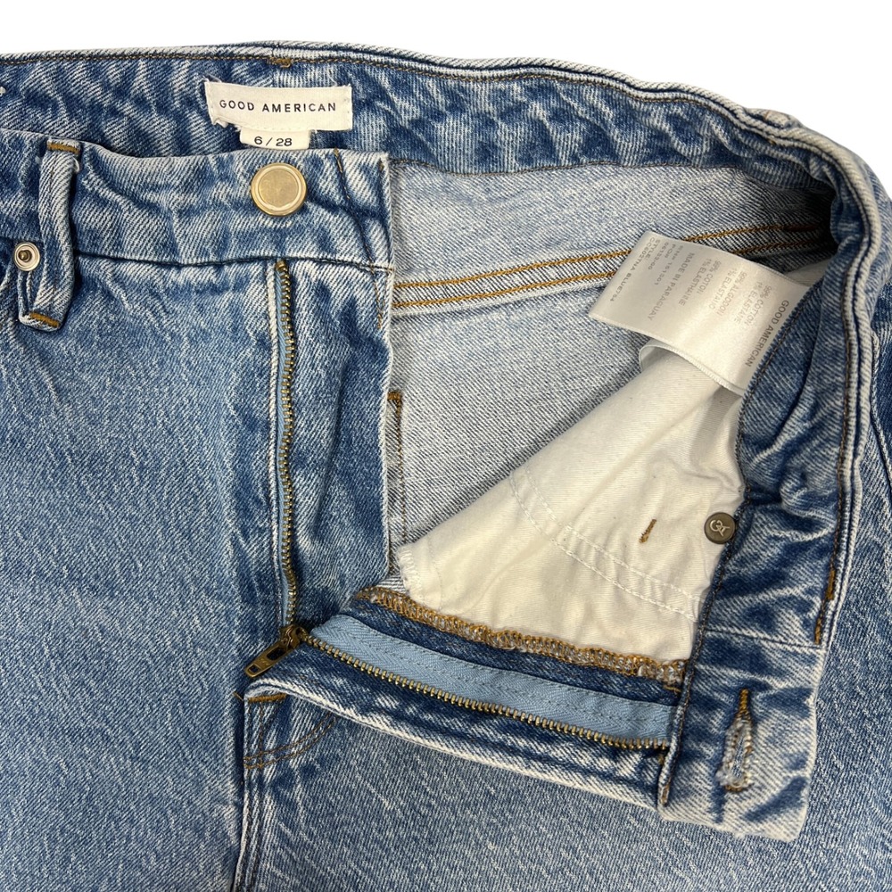 Good American Good Classic Straight Raw Hem Jeans 6/28 Stretch High-Rise Grunge - Picture 4 of 10